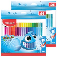 Maped 大嘴魚細頭彩色筆 36色, 高品質墨水可於大部分質料衣物洗淨, 2組
