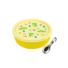 KOM 316不鏽鋼兒童隔熱碗組, 恐龍(黃), 矽膠上蓋 + 湯匙, 1組