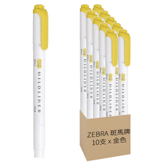 ZEBRA 斑馬牌 Mildliner 雙頭螢光筆套裝 柔性 舒適顏色 學習標記重點適用, 金色, 10支