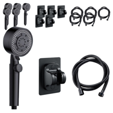 ARYKO 5段水壓調節強力蓮蓬頭+淋浴軟管+支架組, 6組, 黑色