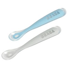 BEABA 第1階段矽膠湯匙2件組 附盒 4個月以上 柔軟有彈性, 藍灰, 1組
