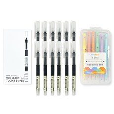 투코비 54 생잉크 중성펜 0.5mm 12p + 투코비 코마 마일드 트윈 형광펜 6색, 1세트, 블랙(중성펜), 6색(형광펜)