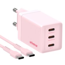 어반어스 GaN 67W 미니 C타입 3포트 PD PPS 초고속 충전기 65W C TO C 케이블 1.5m, 핑크, 1개 핑크, 1개