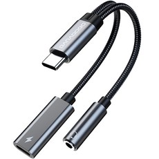 BARABOGO USB Type-C 耳機 PD 60W 高速充電 雙用轉接頭 3.5mm TA2B, 灰色, 13cm