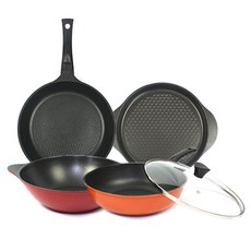 Kitchen-Art 5層鑽石塗層鍋具5件組, 淺綠色+橘色+紅色+粉色, 平底鍋 28cm+炒鍋 28cm+砂鍋 28cm+雙耳炒鍋 28cm+玻璃鍋蓋 28cm, 1組
