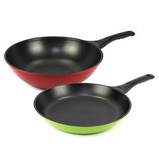 Kitchen-Art New Born鑽石塗層不沾鍋具2件組, 淺綠色+紅色, 炒鍋 30cm+平底鍋 28cm, 1組