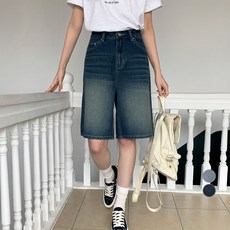 afinar 女款復古水洗百慕達牛仔短褲