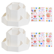 투코비 대용량 다용도 360도 회전식 펜슬 수납정리함 + DIY 데코스티커 3p 세트, 화이트, 2세트