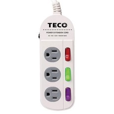 TECO 東元 三開三插轉接電源線組 過載保護自動斷電, 1.8m, 白色, 1個