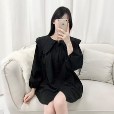 PEONIST 可愛寬鬆荷葉邊襯衫式洋裝, 黑色