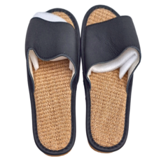 SHIMOYAMA 日式牛皮幫面亞麻底拖鞋, 黑色, 1雙