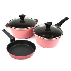 Kitchen-Art 韓國產附蓋陶瓷不沾壓紋鍋具組, 粉色, 煎蛋鍋 16cm+單柄鍋 18cm+雙耳鍋 20cm, 1組