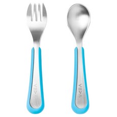 VIIDA Soufflé 抗菌304不鏽鋼叉匙組 安全 不含BPA, 寶貝藍色, L 湯匙1支 + 叉子1支, 1組