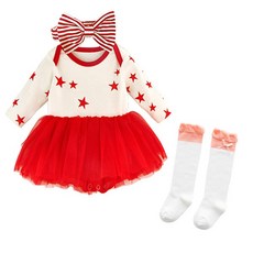 STARDOOR 女童星星印花泡泡裙長袖包屁衣+長襪+蝴蝶結頭帶