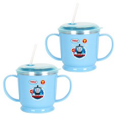 THOMAS&FRIENDS 湯瑪士小火車 防潑濺不鏽鋼雙把手吸管學習杯 K0046, 藍色, 250ml, 2個