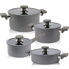 Kitchen-Art 電磁爐適用Beauty系列鑽石塗層鍋具 4入組, 灰色, 單柄湯鍋18cm(附玻璃鍋蓋)+雙耳湯鍋20cm(附玻璃鍋蓋)+雙耳湯鍋24cm(附玻璃鍋蓋)+雙耳淺湯鍋24cm(附玻璃鍋蓋)