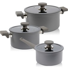 Kitchen-Art 電磁爐適用Beauty系列鑽石塗層鍋具組, 灰色, 單柄湯鍋18cm(附玻璃鍋蓋)+雙耳湯鍋20cm(附玻璃鍋蓋)+雙耳湯鍋24cm(附玻璃鍋蓋), 1組