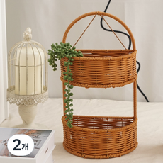 내일의공간 원형 pp 벽걸이 라탄 바구니 선반, 2개, 네츄럴