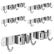 AHOYE 不鏽鋼壁掛2夾3鉤拖把架/拖把夾/抹布掛勾/掃把架, 5個, 不鏽鋼色