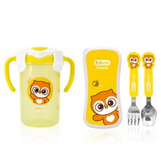 에디슨 국산 부엉이 올리 프렌즈 더블 빨대컵 + 스푼 포크 케이스 세트 베이비, 옐로우, 1세트