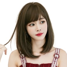 하이유니 풀 뱅 중단발 볼륨 매직 헤어 단발 통가발 가발 36cm + 가발망 + 거치대 세트, 쿨브라운, 1개