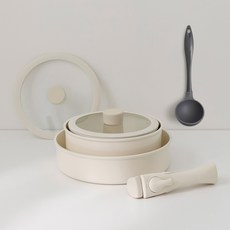 廚具套組 IH感應爐適用 6件組+矽膠湯勺 灰色, 2 個鍋子 + 2 個矽膠玻璃蓋 + 煎鍋 + 可拆卸手柄 + 長柄勺, 單色