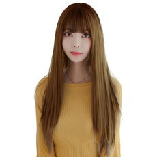 HiYuni 齊瀏海直髮燙長髮長髮全頂假髮假髮 75cm + 髮網 + 支架組, 蜂蜜棕