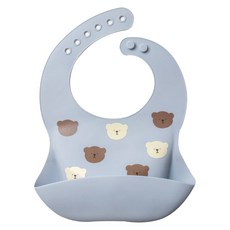 愛北鼻 防油防水矽膠圍兜 藍色滿印熊頭 六扣3d款 柔軟舒適 立體口袋, 1入