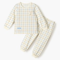 unifriend 兒童格紋熊單面九分棉質內衣套裝