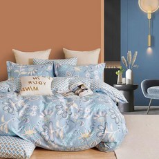 Pure One 台灣製100%純棉加大枕套床包組, 浮生繪夢 藍, 加大尺寸舒適床品, 浮生繪夢 藍色, 床包(186 x 180cm) + 枕套(75 x 45cm)枕套 2個