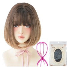 HiYuni 漸層瀏海短髮整頂假髮 30cm + 髮網 + 支架組 D3103, 漸層棕, 1個
