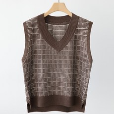 女款寬鬆V領亮點造型層次穿搭不對稱格紋針織背心 j390