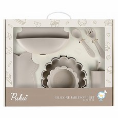 PUKU 藍色企鵝 蒔蘿鉑金矽膠餐具禮盒7件組, 盤子 + 餐碗 + 湯匙 + 叉子 + 圍兜 + 吸管杯 + 餐墊, 松花杏, 1組