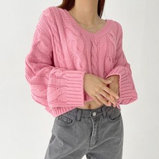 Planday 女款喇叭袖V領簡約編織短版長袖針織衫