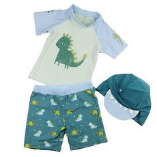 男童短袖分體泳衣 上衣 + 泳褲 + 泳帽