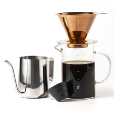 BEANPLUS 手衝鈦塗層咖啡滴頭 + 不鏽鋼滴水口 350ml + 玻璃服務器 600ml 套組, 1組, 濾杯(金色)+手沖壺(單色)+玻璃杯(單色)