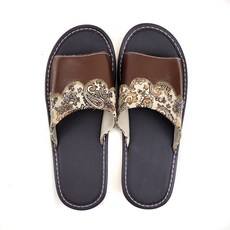 真皮頭層牛皮復古風繡花防滑室內拖鞋 LS10, 紅棕色, 1雙