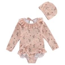 愛北鼻 INS女童長袖圓領連體泳衣 + 泳帽 建議130~140cm