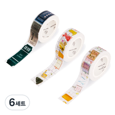 인디케이 마스킹 테이프 티켓 + 소지품 + 문구 세트 1.5cm x 7m, 혼합색상, 6세트