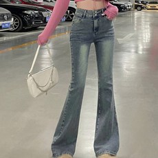 美式雙釦刷舊微喇叭牛仔長褲 HL6880