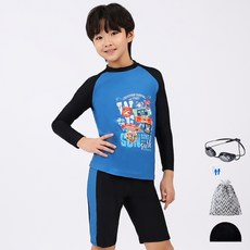 AQUATICA 童款防曬長袖泳衣+泳褲+泳帽+選手用泳鏡+矽膠耳塞+收納袋組 AQA358