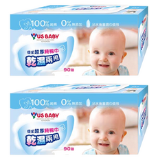 US baby 優生 超厚乾濕兩用純棉巾, 100%純棉, 0%無添加, 90抽, 90張, 2盒