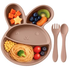 아띠래빗 아동용 실리콘 아기 토끼 흡착식판 + 스푼 + 포크 세트, 토프브라운, 1세트