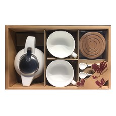 TATUNG 大同磁器 7件茶具組, 1組, 茶壺 + 杯子 2個 + 湯匙 2個 + 杯墊 2個, 白色 + 灰色 + 黑色