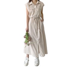 PEONIST 長版襯衫無袖口袋連身裙, 淺米色