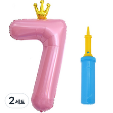 joyparty 鋁箔皇冠數字氣球 大 7 + 手動打氣筒組, 2套, 粉紅色(氣球), 藍色(手動打氣筒)