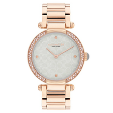 COACH 蔻馳 Cary 女士腕錶 灰色珍珠母貝錶盤 玫瑰金不鏽鋼鍊帶 34mm