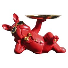 摩達客 春節開運招財 帥氣墨鏡狗鬥牛犬頂托盤擺飾 聚寶盆糖果收納 環保樹脂 金屬, 30 x 10 x 19cm, 紅色
