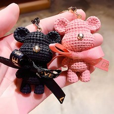 BUBBLYDAY 可愛針織小熊鑰匙圈2件組, 黑色 + 粉紅色