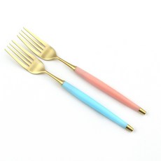 Bogen 韓國製造 Le Bien 金色餐具沙拉叉 2入, 1個, 柔粉色, 柔藍色